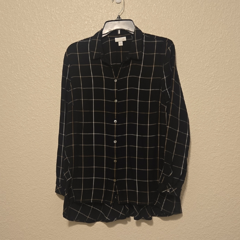 J Jill Plaid Black and White Button Down Shirt Size M